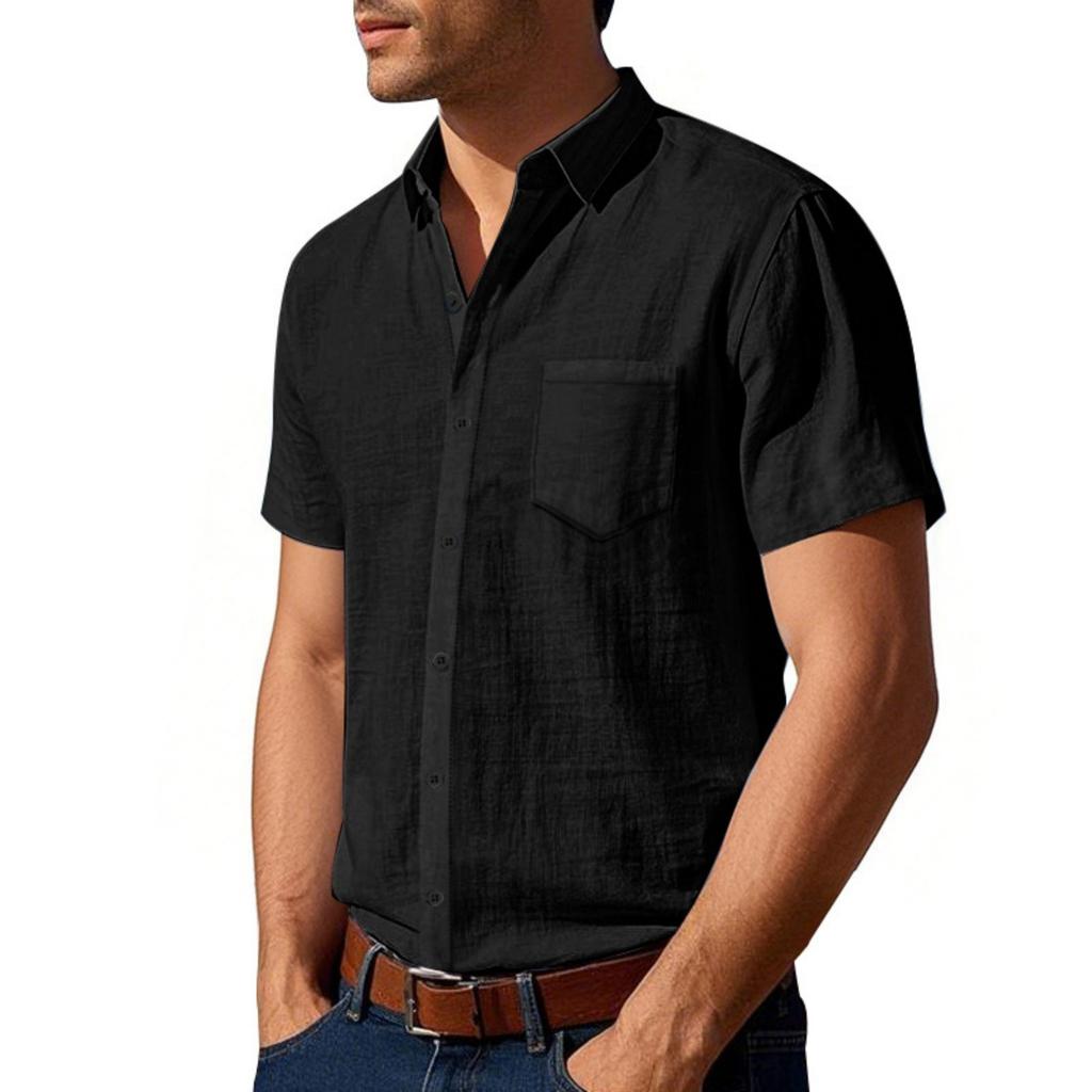 Men's Linen Lapel Short-sleeved Shirt, Solid Color,breathable, Loose And Casual Shirt With  Pocket