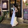 Elegant French White Sleeveless Summer Dress with Slimming Square Neck and Cinched Waist