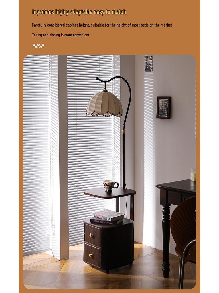 French Mid-Century Smart Bedside Table: Solid Wood, Integrated Lamp, Creative Storage Shelf