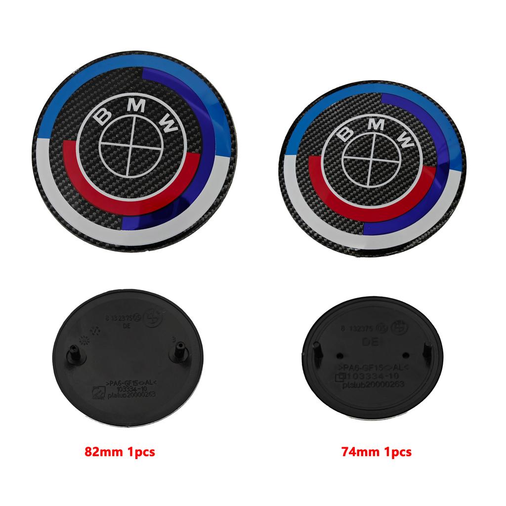 MLKQ6 Carbon Fiber Black Logo Front Hood Emblem 82mm+Rear Badge 74mm+Wheel Hub Cap 68mm/56mm+steering Wheel Sticker 45mm for All BMW