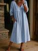 Abito Casual Europeo e Americano con Scollo a V, Patchwork e Bordi in Pizzo, Tessuto Lino-Cotone, Collezione 2026