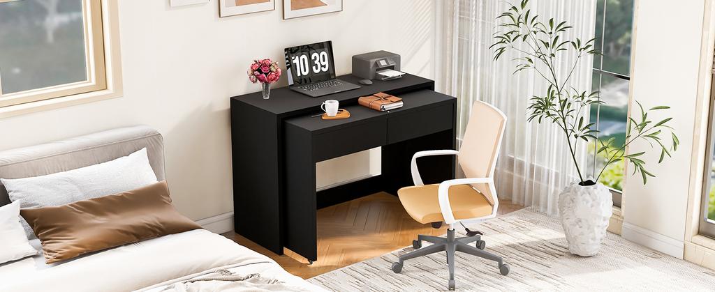Scrivania a mensola + Comodino 2-in-1 Scrivania compatta, estensibile, l'intero tavolo è realizzato in legno di 1,8 cm di spessore, dotato di rotelle, combinabile in modo flessibile