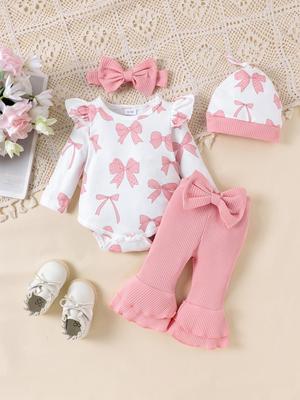 2025 Autumn New Infant Bow Bodysuit Set: White Long-Sleeve Bodysuit, Pink Pants, Hat