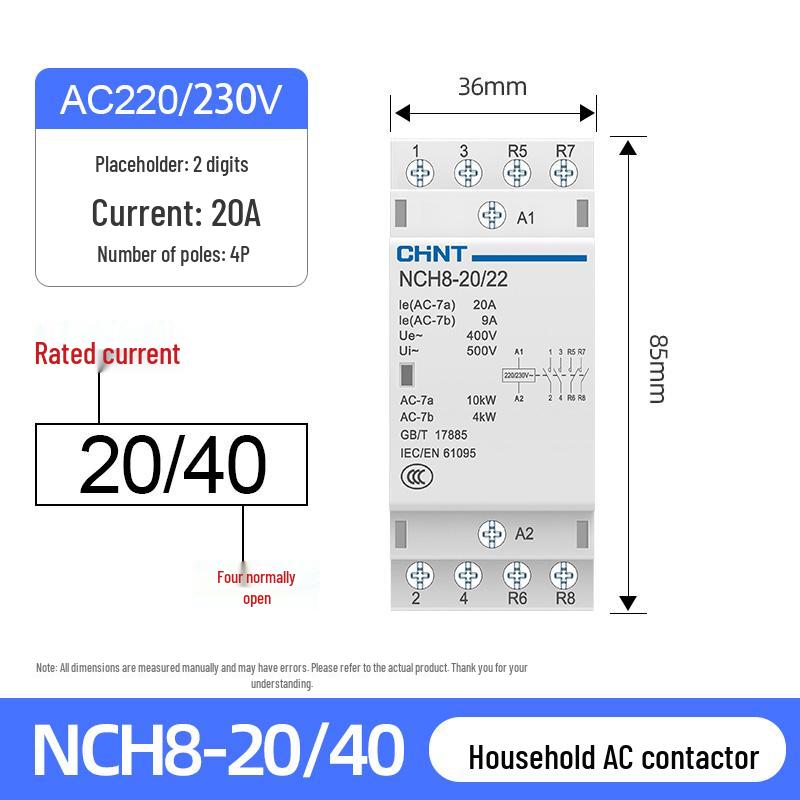Chint NCH8-20/20 Silent AC Contactor, Single-Phase, 220V, 24V DIN Rail Mount