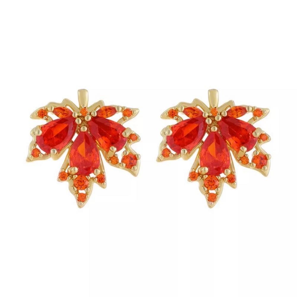 New Golden Red Zircon Maple Leaf Earrings Rings Bracelets Necklaces Women's Trendy Temperament High-end Retro Unique Jewelry