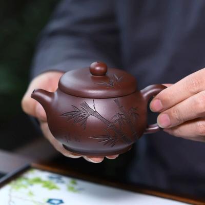 Yixing Purple Clay Pot Pure Hand-carved Bamboo Leaf Wendan Pot Old Purple Mud Large Mouth Practical Teapot Chinese Zen Tea Set