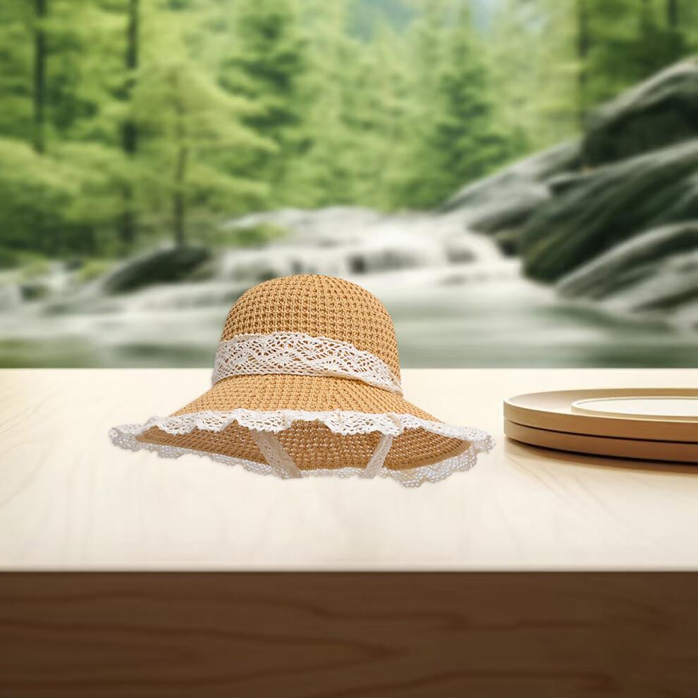 (One Size, Khaki) Women Summer Straw Hat Bucket Cap Lace Patchwork Bucket Hats UV Protection Beach Holiday Sun Hat