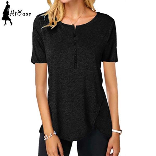 

Женская мода Летняя футболка Круглая шея с короткими рукавами Сплошной цвет Пуговица Футболка Лето Повседневная Тонкая Лаконичная футболка