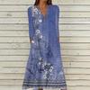Women's Summer Casual V-Neck Button Vintage Floral Print Three-quarter Sleeve Long Dress With Pockets