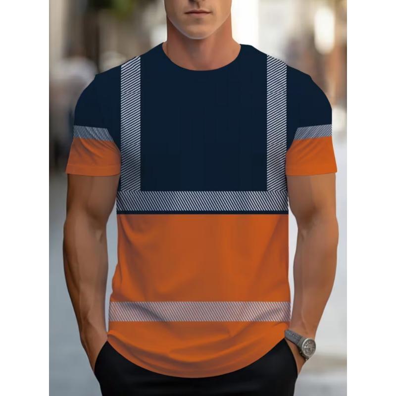 Men's 3D printed color blocked design short sleeved T-shirt