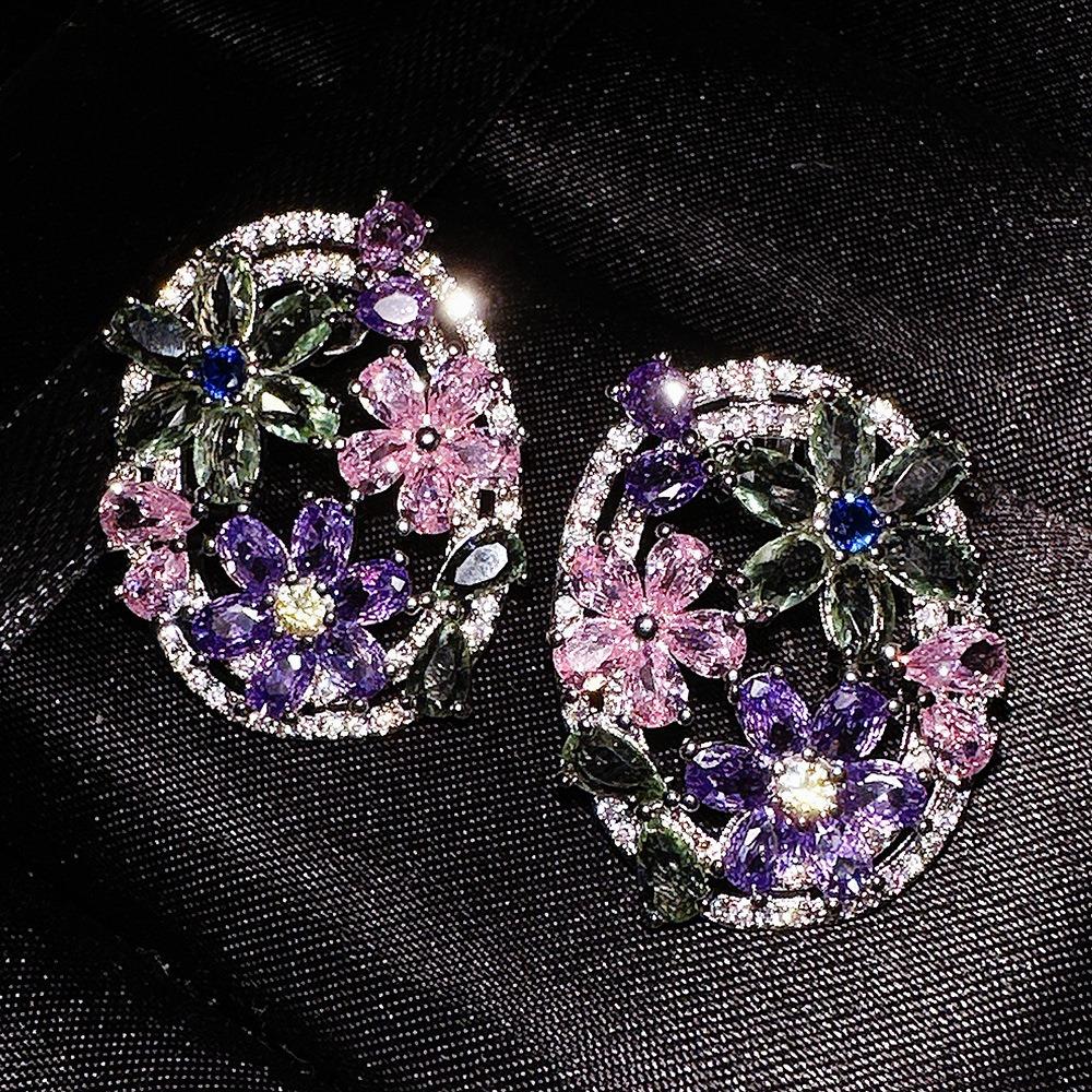 S925 Silver Flower Earrings Purple Floral Drops for Women Elegant Korean Style