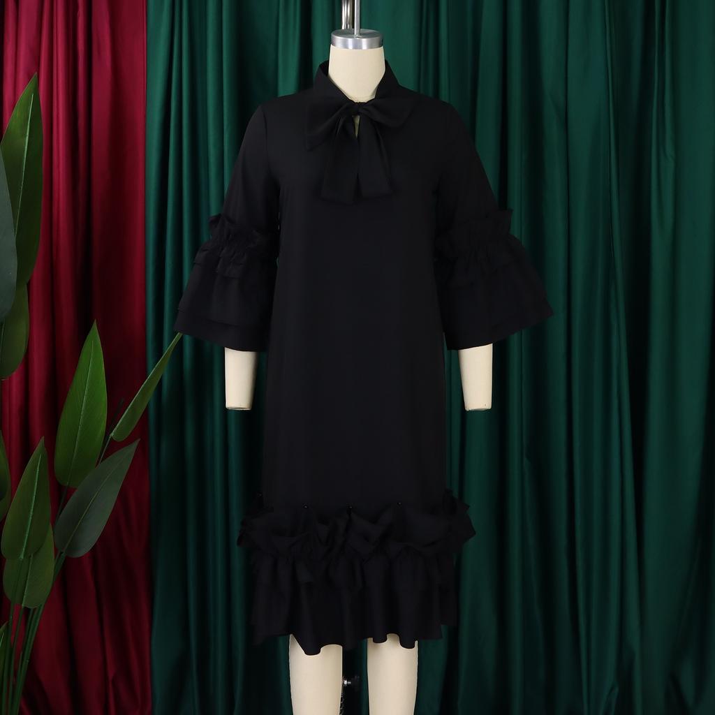 Elegant Office Dresses Women Bow Collar Ruffles Sleeve Straight Mid Calf Fashion Formal Female Business Work Wear Dress Midi Hot
