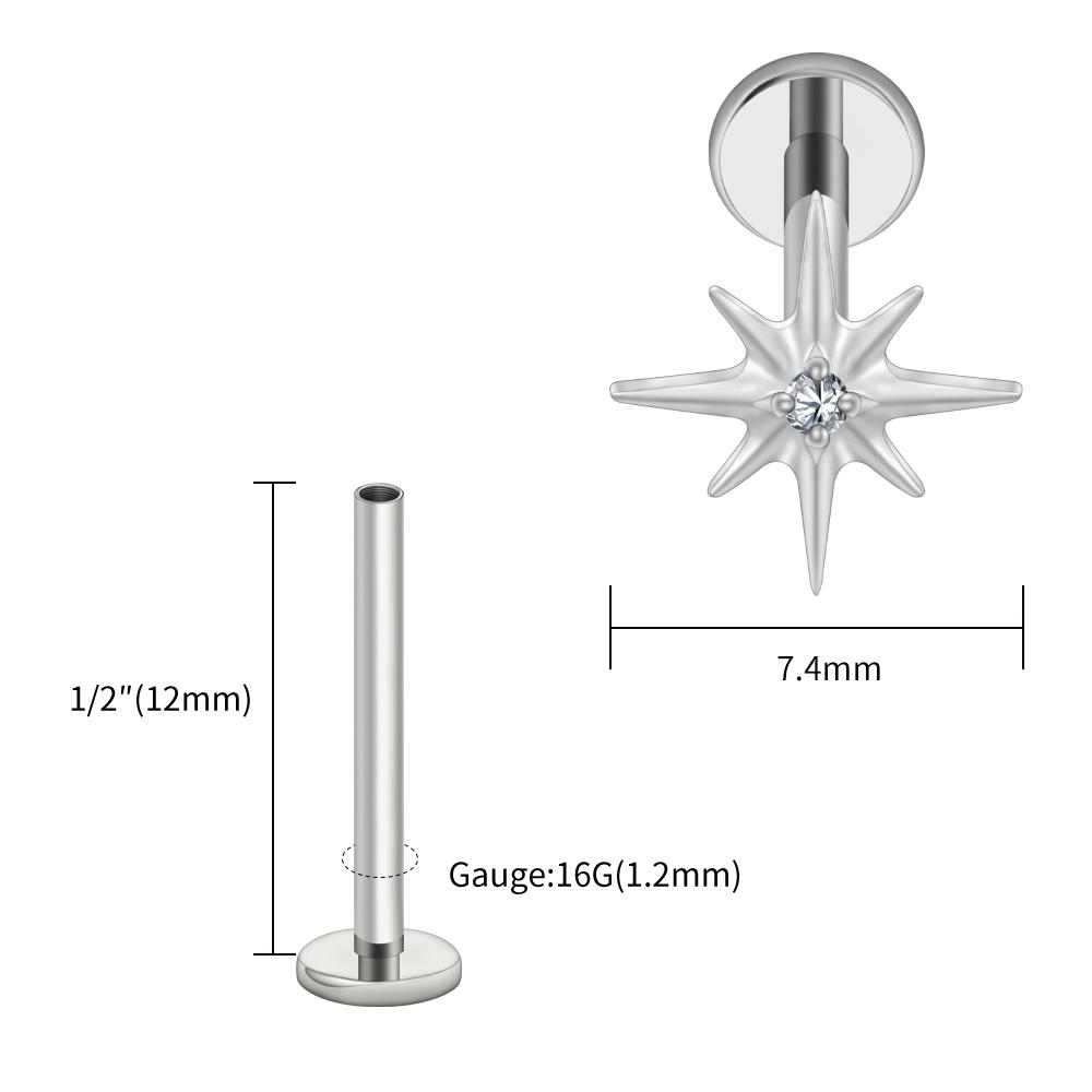Right Grand ASTM F136 Titanium CZ North Star Flat Back Earring 16G Tiny Starburst Helix Cartilage Stud Earlobe Piercing Jewelry