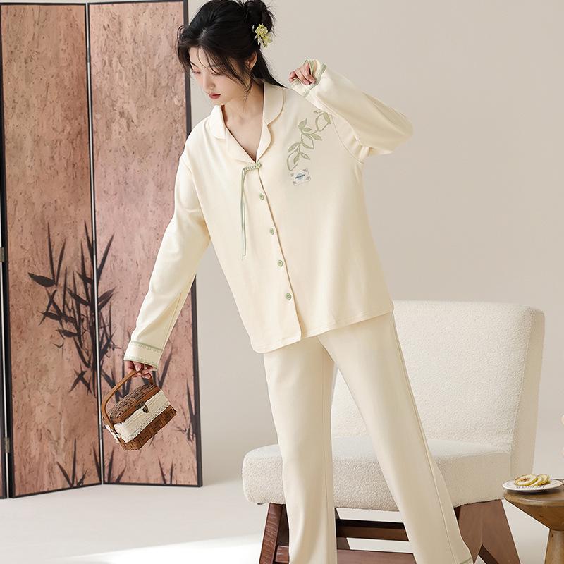 Women's Long Sleeve Cotton Pajamas: Chinese-Style, Loose-Fit, Printed Cardigan Set for Spring and Autumn