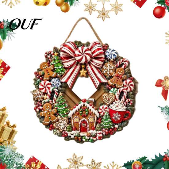 Holiday Theme Wall Plaque Gingerbread Man Wreath Wooden Sign for Front Door, Retro Christmas Hanging with Gift Home Candy Cane Bow And House