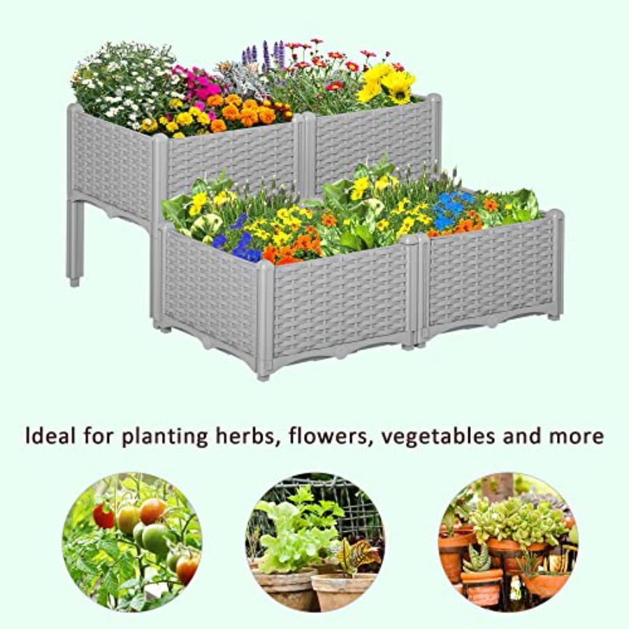 4 Piece Raised Garden Bed with Legs Planter Box Gray for Growing Flowers Herbs Vegetables Durable Sturdy Design