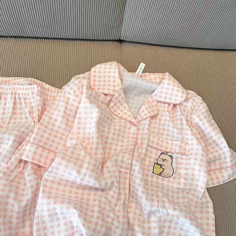 

Sweet and pure cartoon powder grid kapibara pajamas women s summer fashion selection exquisite loungewear set s [recommended weight 40-47.5kg ]