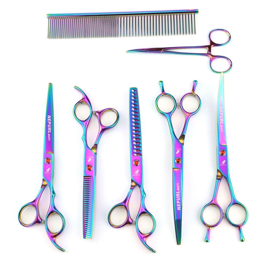 7" Colorful Pet Grooming Scissor Set: Straight, Curved, Fishbone Tooth, Thinning Shears & Comb, Logo Customization Available.