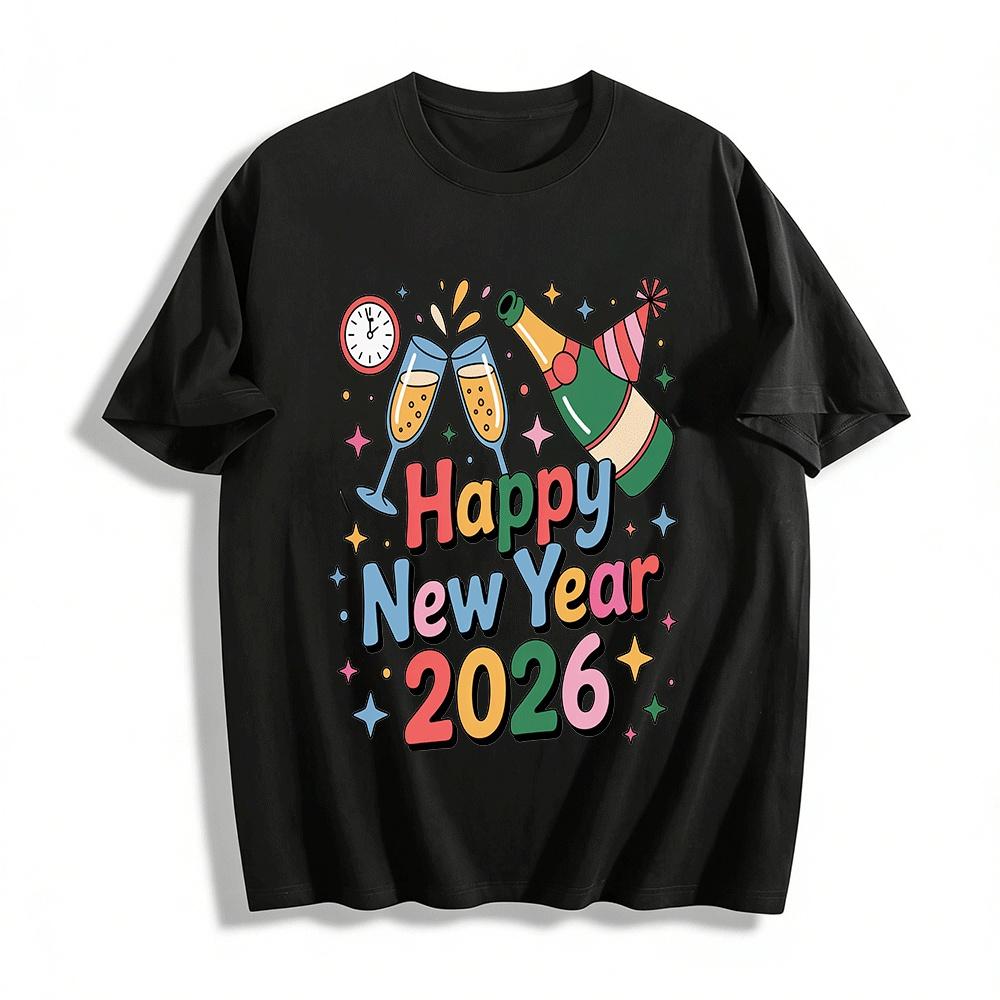 2026 Happy New Year Party Printed Top Casual Festive T-Shirt Pure cotton T-shirt XXS