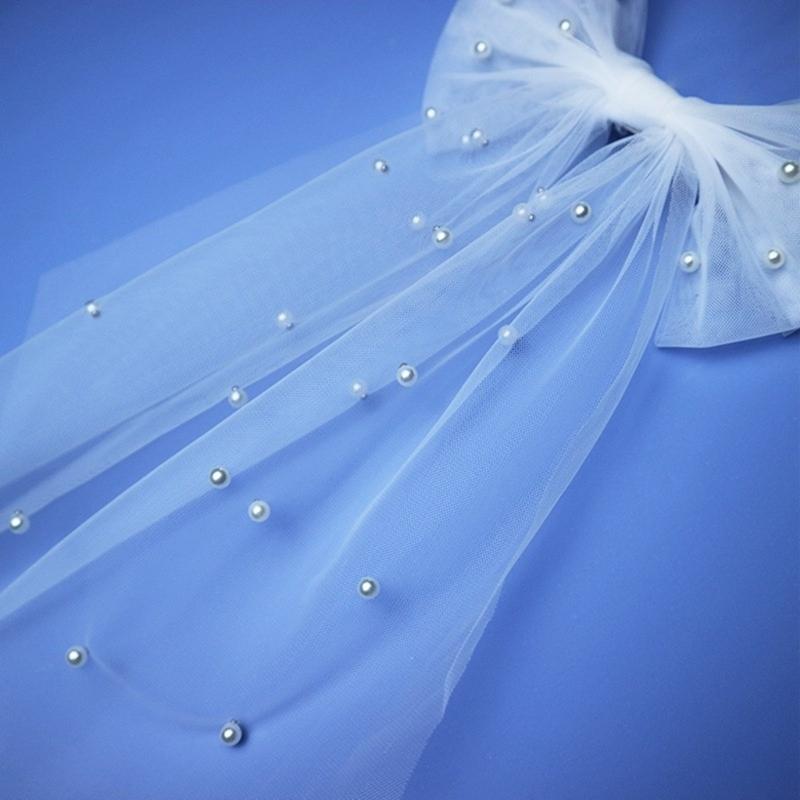 Wedding Party Bride Veil with Beadwork DoubleLayer Bows Bridal Veil Elegant Short Veil Bride Bridemaid Hair Accessories