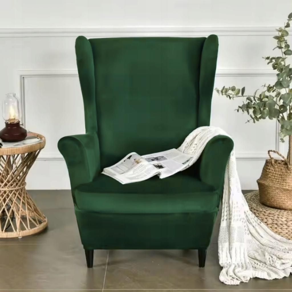 Wingback Chair Cover, Elastic Velvet, XL, Green, Universal Seat
