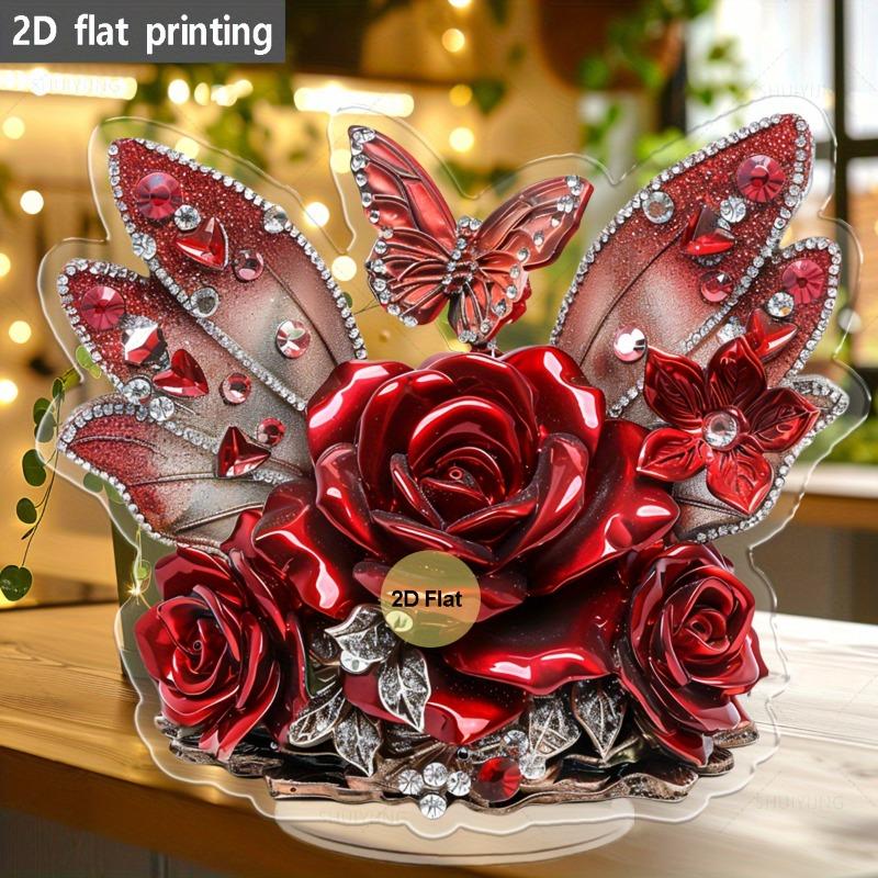 Décoration de bureau Rose Rouge et Papillon Acrylique Plat 2D, Cadeau d'Anniversaire, Motifs adaptés à la Décoration Murale, Porche, Chambre, Villa, Accents Maison, Hal