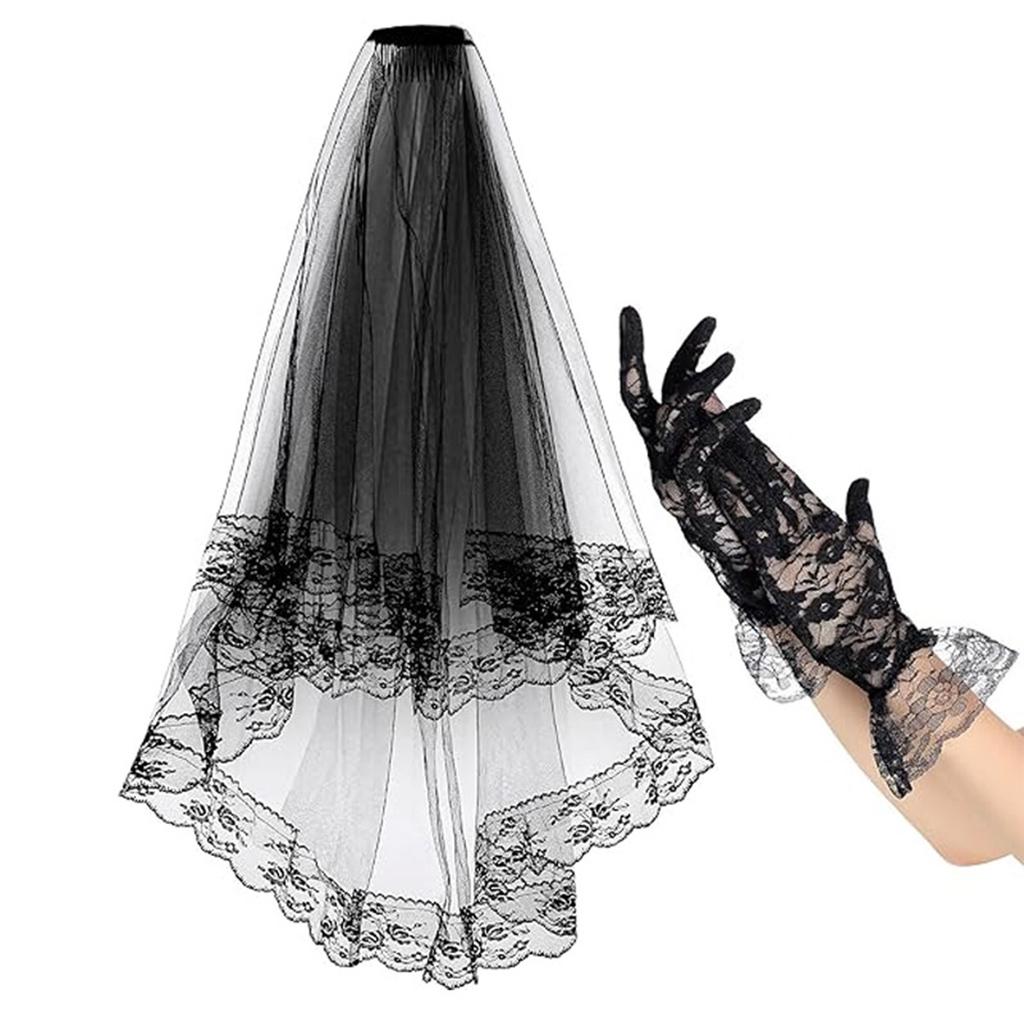 Geheimnisvolle Dame Halloween Schwarzer Spitzen Schleier und Handschuhe Set Atmungsaktive und Bequeme Kopfbedeckungen Party Kopfschmuck