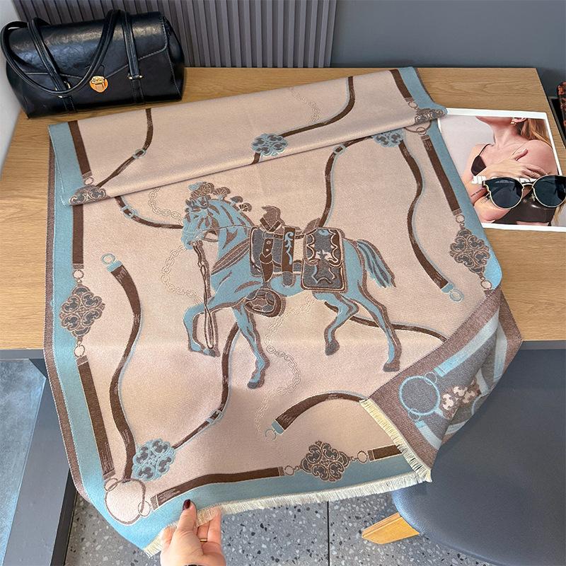 Autumn and winter new horse picture jacquard contrasting color double-sided imitation cashmere scarf personalized advanced soft breathable warm