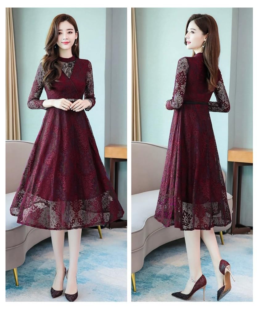 Long Midi Perfect for Party and Formal Beautiful [Chubikime] Women's All-Lace Dress, Sleeves, Length, A-Line, Lined, Belted, Slimming, Weddings,