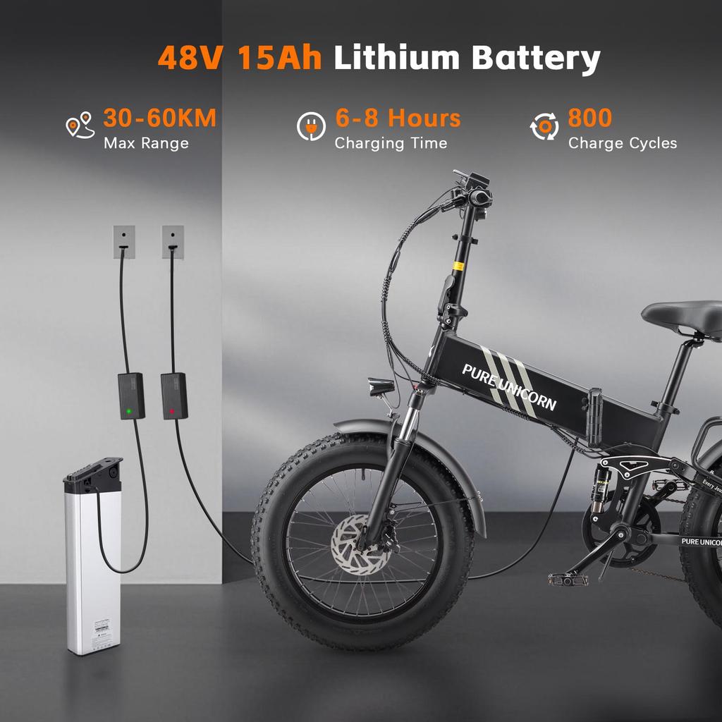 PURE UNICORN U4 Folding Electric Bike 1000W Motor 48V 15Ah Battery 20*4 inch Fat Tires 48km/h Max Speed 60km Range Shimano 7-speed
