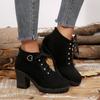 Naked Boots Fashion Round Toe Lace-Up Rhinestone Rear Zip Platform Non-Slip Block Heel Shoes for Women