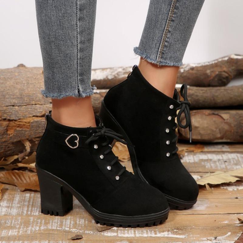 Naked Boots Fashion Round Toe Lace-Up Rhinestone Rear Zip Platform Non-Slip Block Heel Shoes for Women