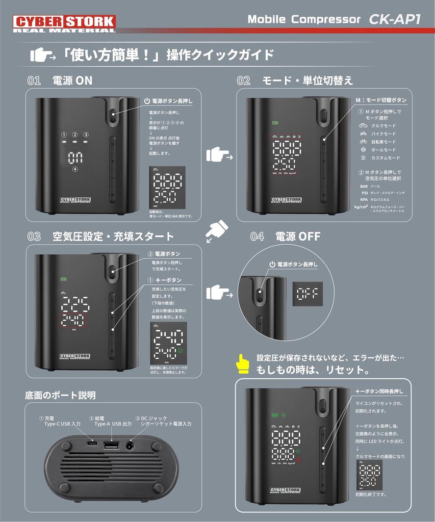 Cyberstalk Japonská značka Auto Vzduch 150 Velký LED Kompatibilní s a Elektrická Dlouhá Pumpa, Dobíjecí, Bezdrátový, Přenosný, PSI, Kapacita, Automatické Vypnutí,
