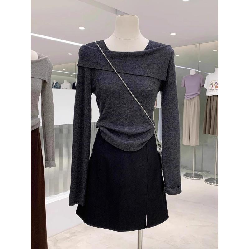 Irregular one-word collar off-shoulder top women's spring soft waxy knitted sweater temperament slim-fitting bottoming shirt