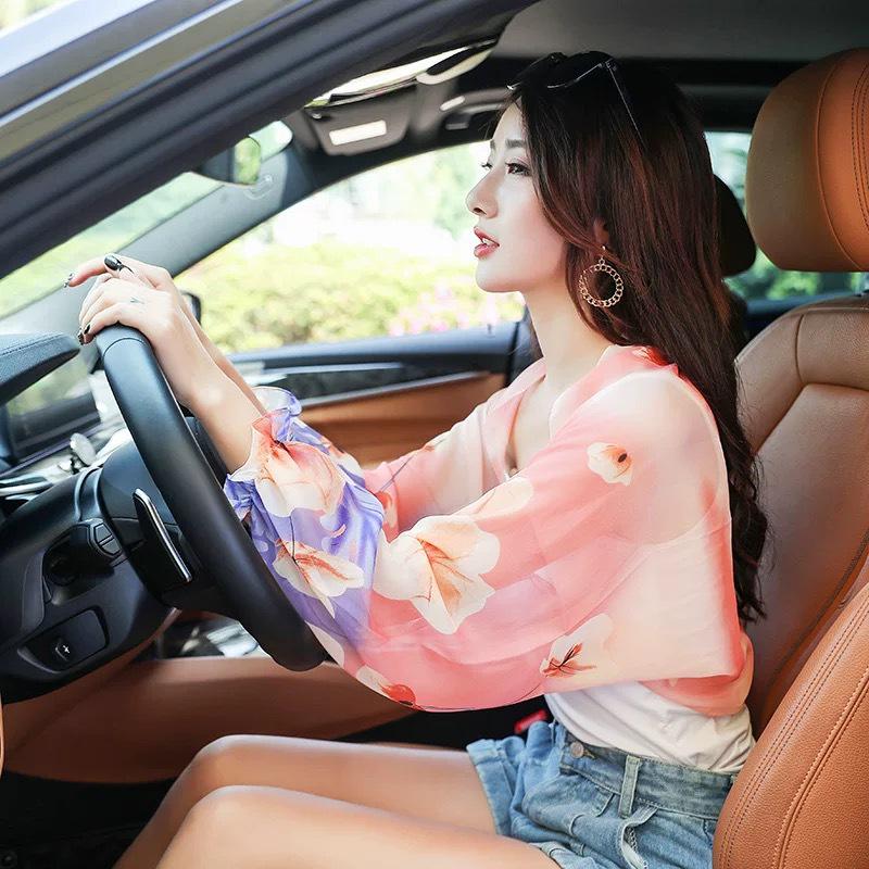 Cashew Print Chiffon Cycling Shawl with Sun Protection Sleeves - Fashionable Long Sleeve Scarf