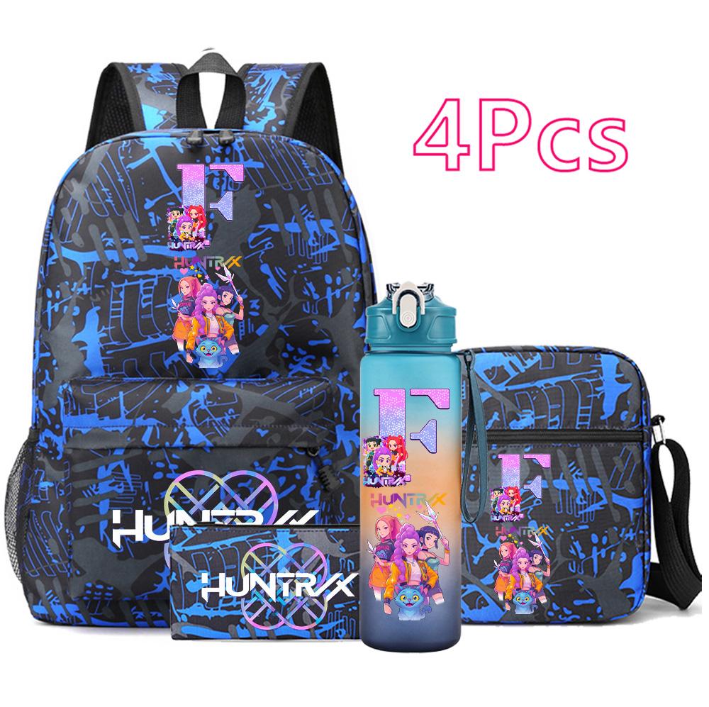 4 st/set Anime Tryckt Ryggsäck Stor Kapacitet Bokväska Axelväska Fodralväska med 750 ml Vattenflaska Pojke Flicka Skolväska Mochila