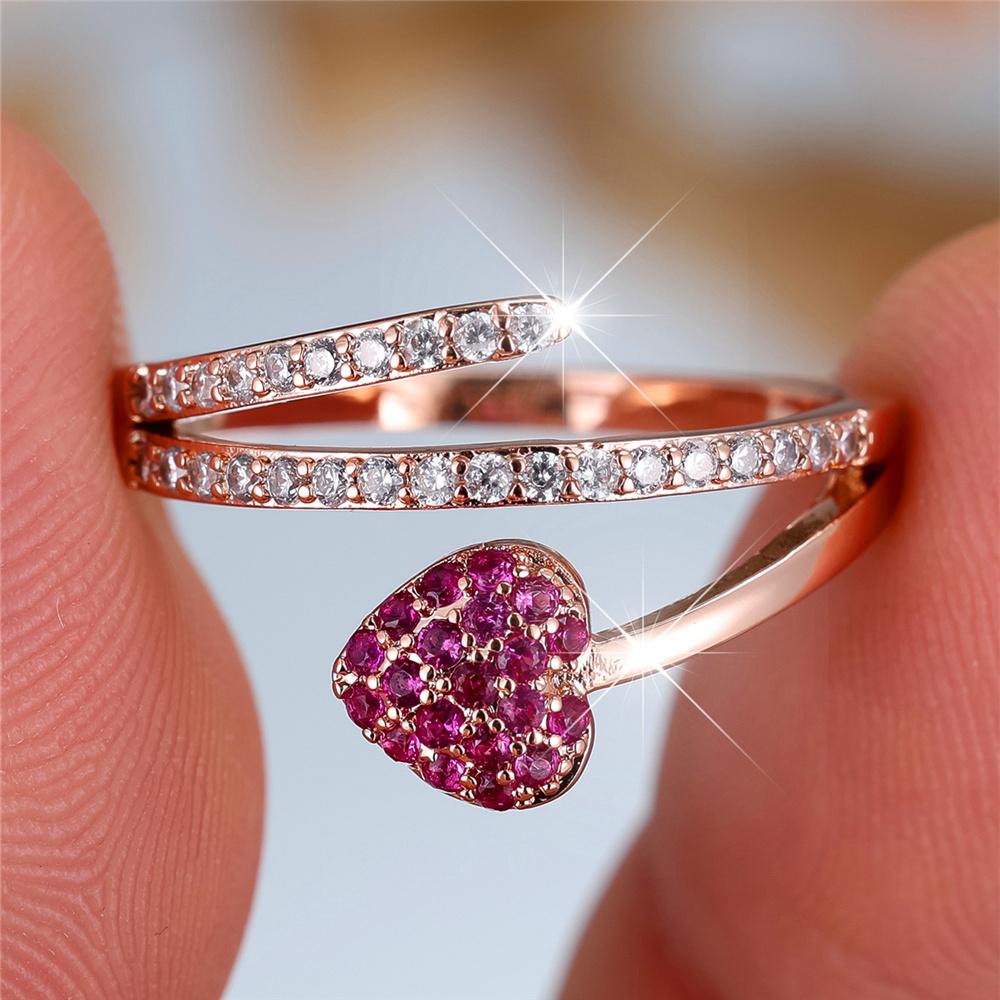 

Charm Female Rose Red Zircon Stone Heart Finger Ring Vintage Gold Color Wedding Band Bridal Jewelry For Women 8 рожевий червоний колір