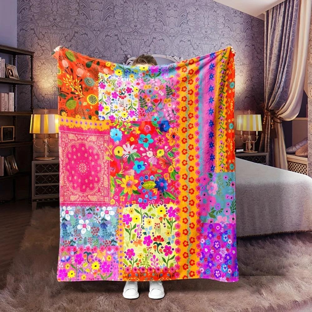 1pc Floral Print Flannel Blanket - Lightweight Soft Warm Throw for Sofa Bed Office Travel Camping All-Season Portable Decor Gift