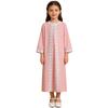 Girls Embroidered Lace Muslim Robe Abaya Round Neck Long Sleeve Back Invisible Zipper Loose Dress