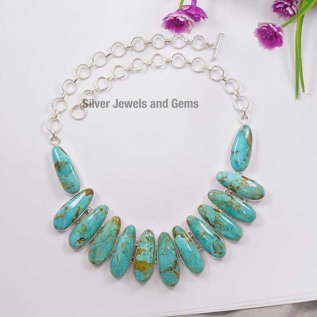 Natural Arizona Turquoise Necklace, Statement Fancy Necklace, 925 Sterling Silver Necklace, Turquoise Wedding Necklace