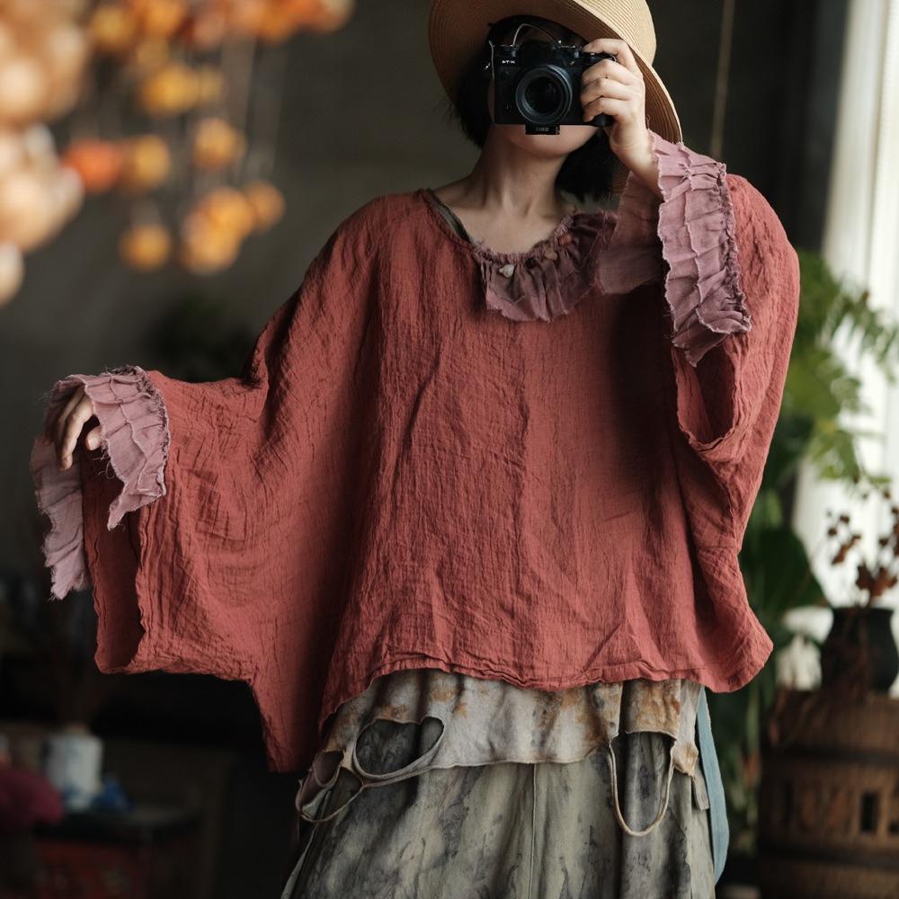 Johnature Vintage Women Patchwork T-Shirts O-Neck Long Sleeve Autumn Loose Chinese Style Female T-Shirts