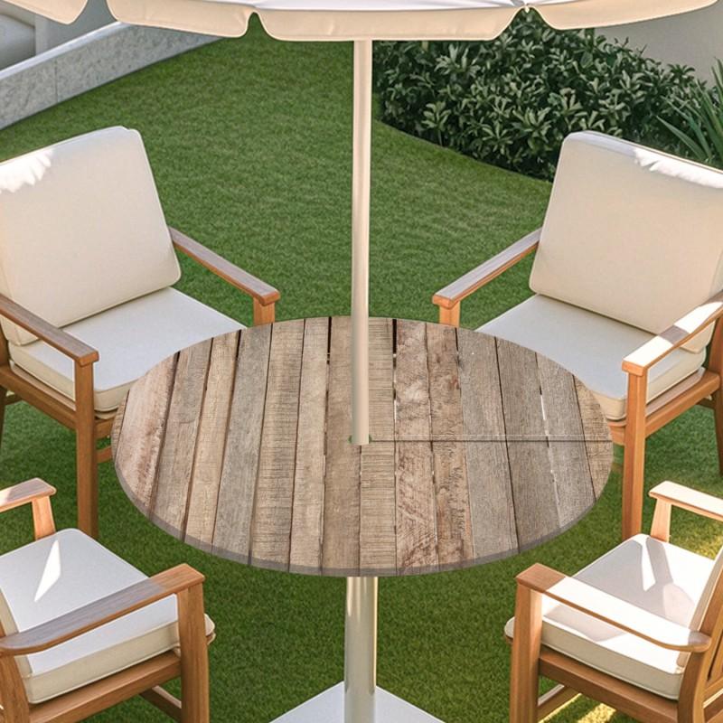 Copritavolo Rotondo da Esterno con Effetto Legno Impermeabile Orlo Elastico Per Patio Giardino Sala da Pranzo