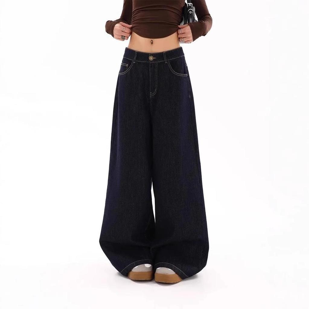 2025 Deep Blue High-Waisted Wide-Leg Denim Pants - Trendy, Slimming, Loose Fit, Ideal for Early Spring