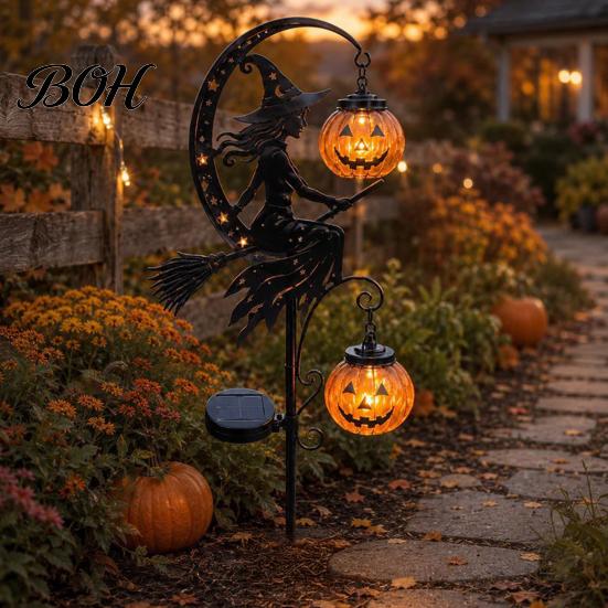 Zářivý Měsíc Halloweenské Dekorace Solární Zahradní Kolík Světlo, Čarodějnice Dýňová Lucerna, Kovové Kolíky pro Podzim IP44 Vodotěsná Venkovní Dekorace Cesta Zahrada