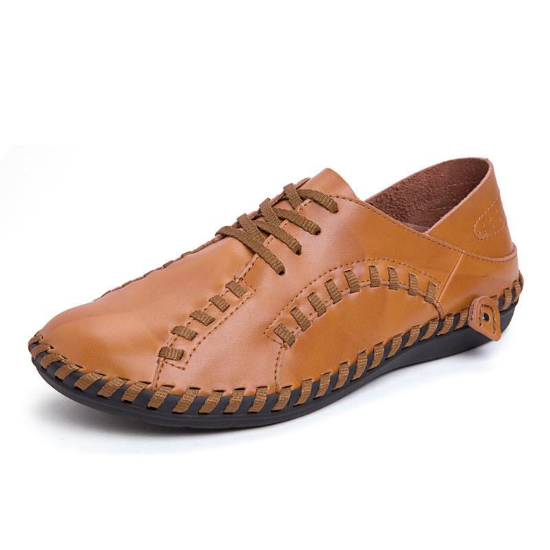 Men Handmade Loafers Retro Lace Up Solid Color Driving Flats Round Toe Anti-slip Thick Sole Lightweight Slip On Walking Shoes