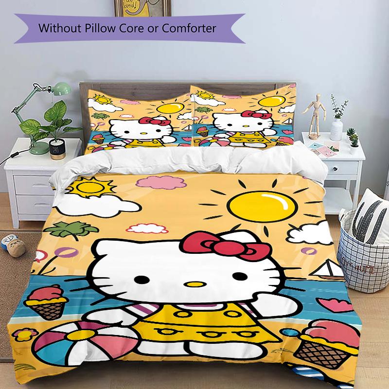 3pcs Hello Kitty On the Beach In Summer Quilt Set Soft and Comfortable Bedroom, Guest Room and Dorm Decor Bedding Set W046