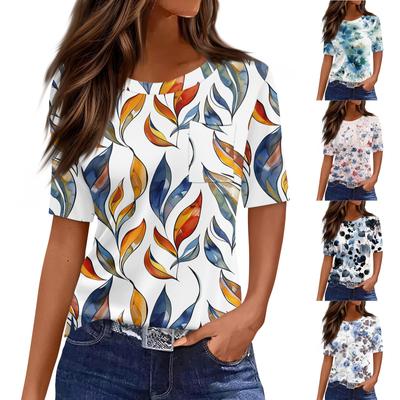 T-Shirts für Damen, Rundhalsausschnitt, elegante, lässige Blusen, bedruckt, kurzärmelig, Sommeroberteile, lockere Passform