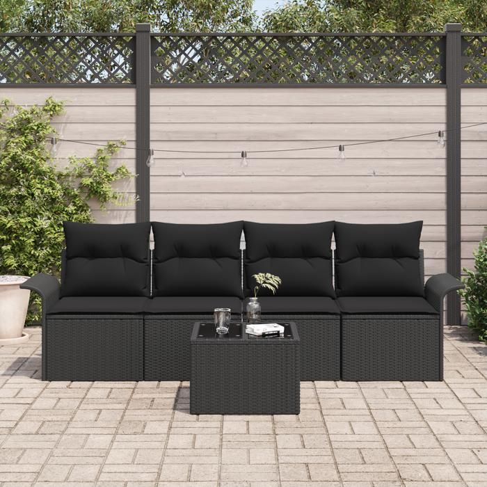 Ensemble de canapé de jardin 5 pièces avec coussins Noir Poly Rotin, Canapé de jardin 2 places avec rangement et coussins 3353902