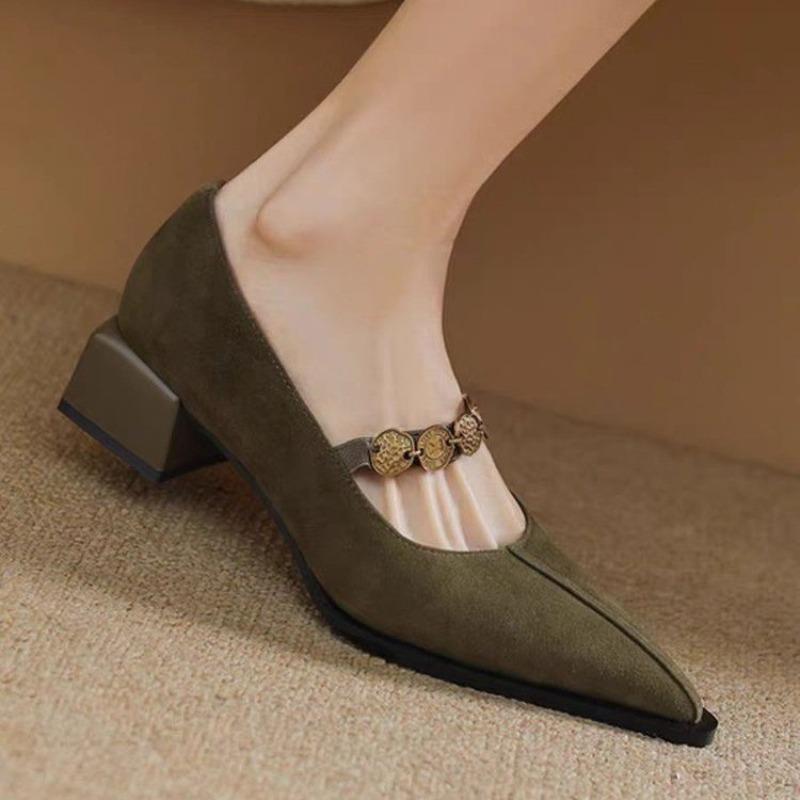 Fashion Scrub Leather Pointed Toe Shallow Single Vintage Strap Block Heel Women's Shoes