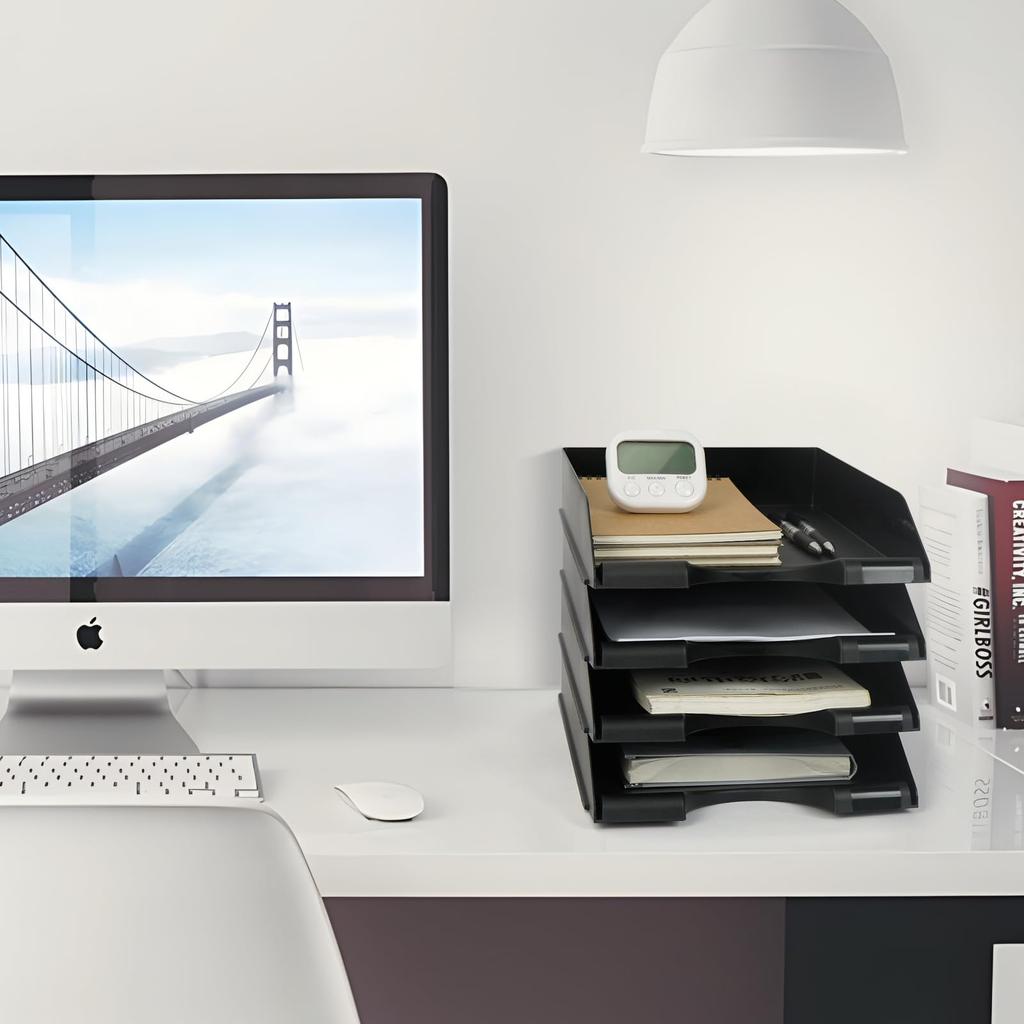 RAIN QUEEN A4 Letter Tray, Black, 4-Tier Vertical Desktop Storage Rack, Document Shelf, Small Item Storage, Desk Tray, File Storage, Newspapers,